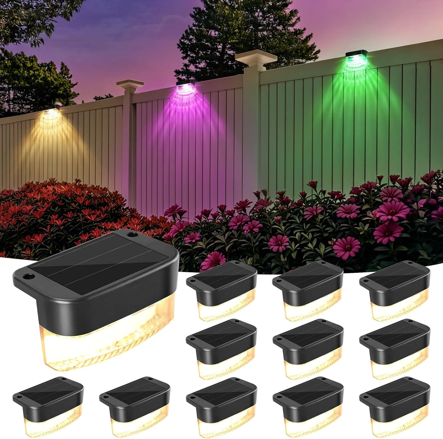 BrizLabs Solar Fence Lights, 12 Pack RGB & Warm White & 11 Colors Changing LED Solar Deck Lights with IP65 Waterproof, Cool White Step Light Outdoor Deck Light for Patio Yard Pool Railing Garden Fence