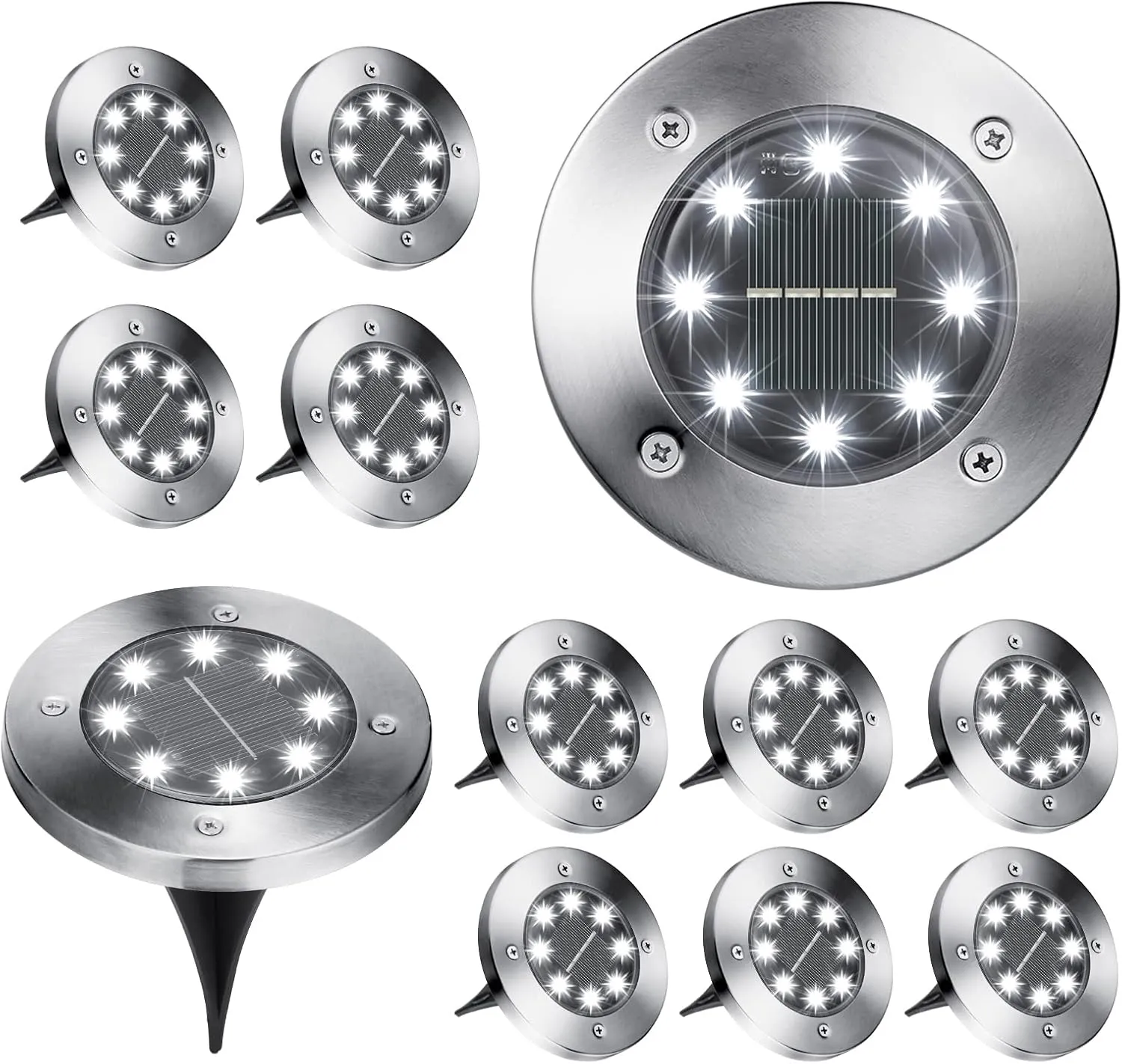 Brizled Solar Ground Lights, 12 Pack 8 LED In-Ground Lights, Waterproof Solar Disk Light Garden Lighting Outdoor Landscape Lighting Disc Light for Pathway Lawn Yard Driveway Walkway, Cool White
