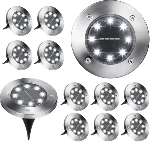 Brizled Solar Ground Lights, 12 Pack 8 LED In-Ground Lights, Waterproof Solar Disk Light Garden Lighting Outdoor Landscape Lighting Disc Light for Pathway Lawn Yard Driveway Walkway, Cool White