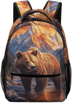 Brown Bear Stream Mountains Sunset Travel Backpack Lightweight Shoulders Bag Laptop Daypack for Work Office