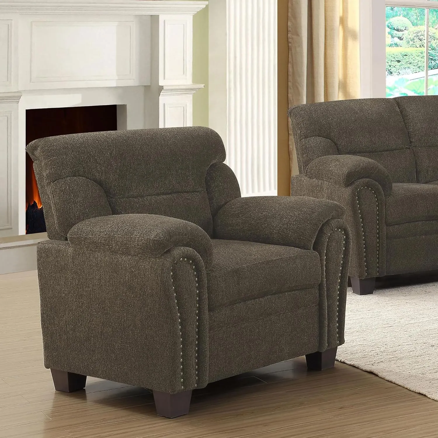 Brown Pillow Top Arm Chair with Plush Seating and Nailhead Trim, Traditional Design for Living Spaces