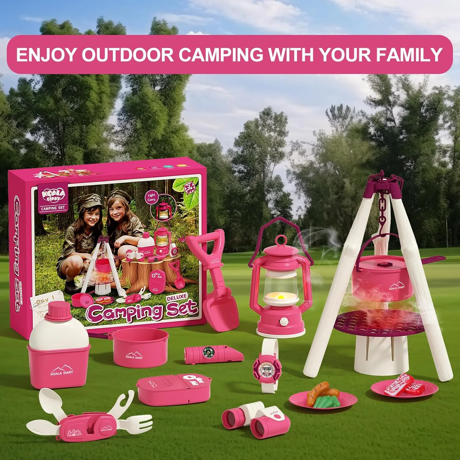Bug Catcher for Kids Explorer Bug Catching Kit,Magnifying Glass, Tweezers, Whistle & Compass, Learning Guide, Insect Habitat, Outdoor Toys(3 Year  ) (Kids Camping Toys Set（Pink）)