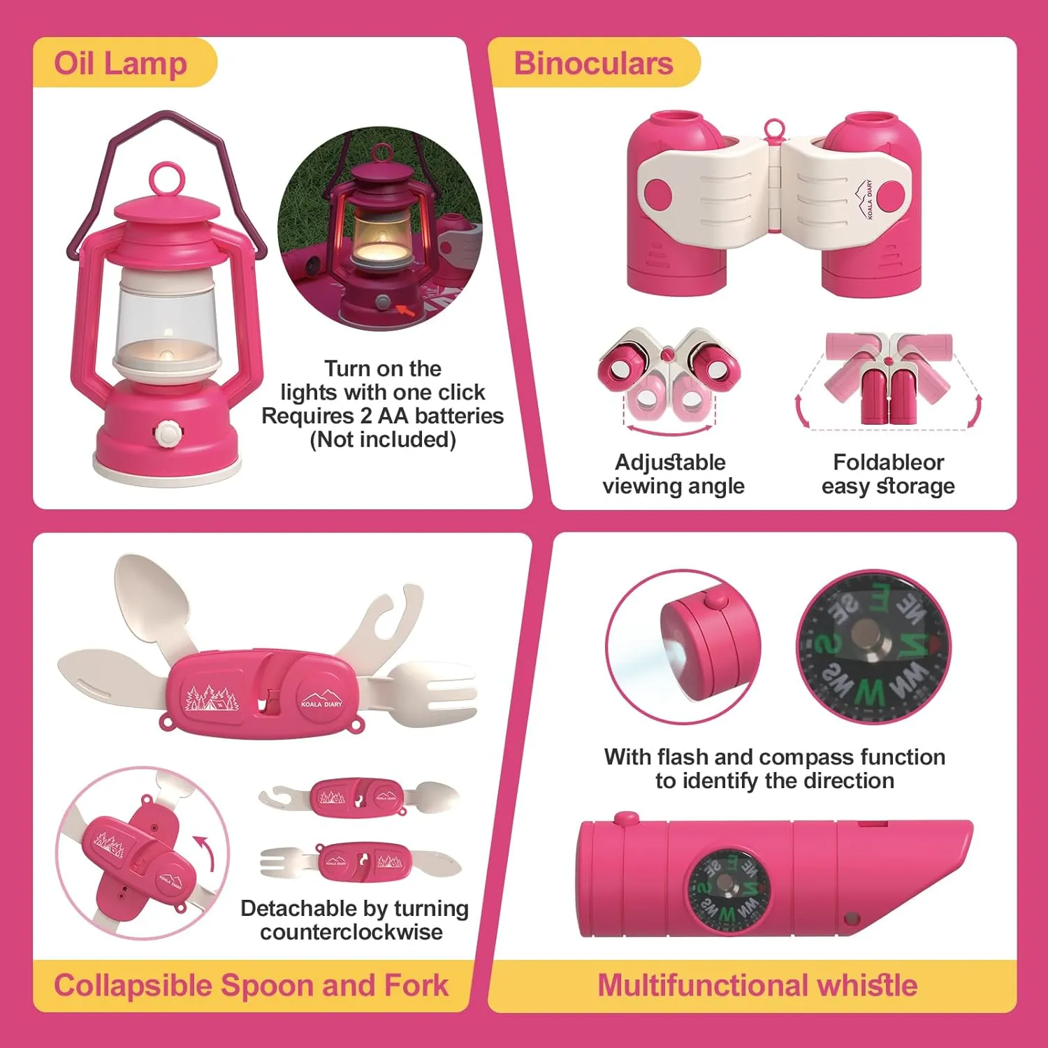 Bug Catcher for Kids Explorer Bug Catching Kit,Magnifying Glass, Tweezers, Whistle & Compass, Learning Guide, Insect Habitat, Outdoor Toys(3 Year  ) (Kids Camping Toys Set（Pink）)