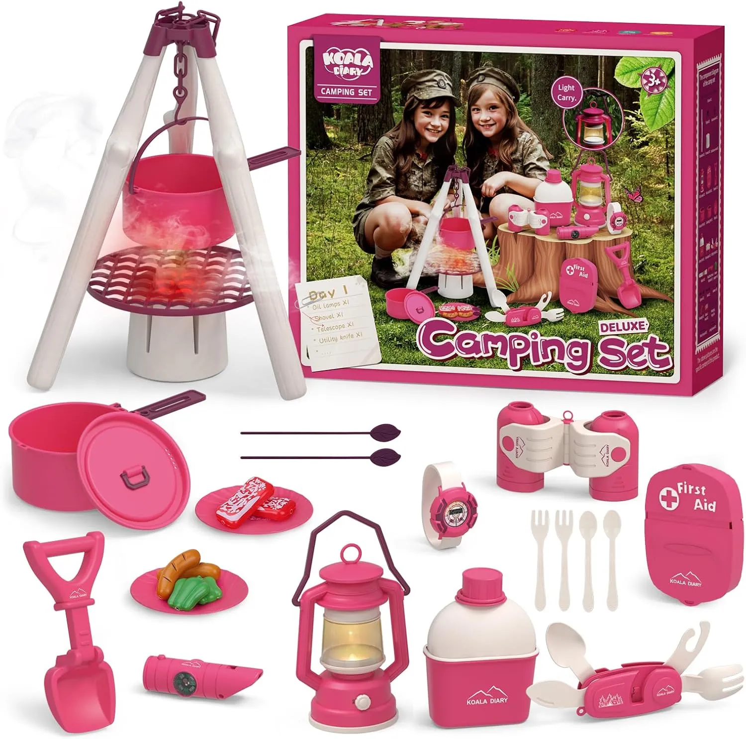 Bug Catcher for Kids Explorer Bug Catching Kit,Magnifying Glass, Tweezers, Whistle & Compass, Learning Guide, Insect Habitat, Outdoor Toys(3 Year  ) (Kids Camping Toys Set（Pink）)