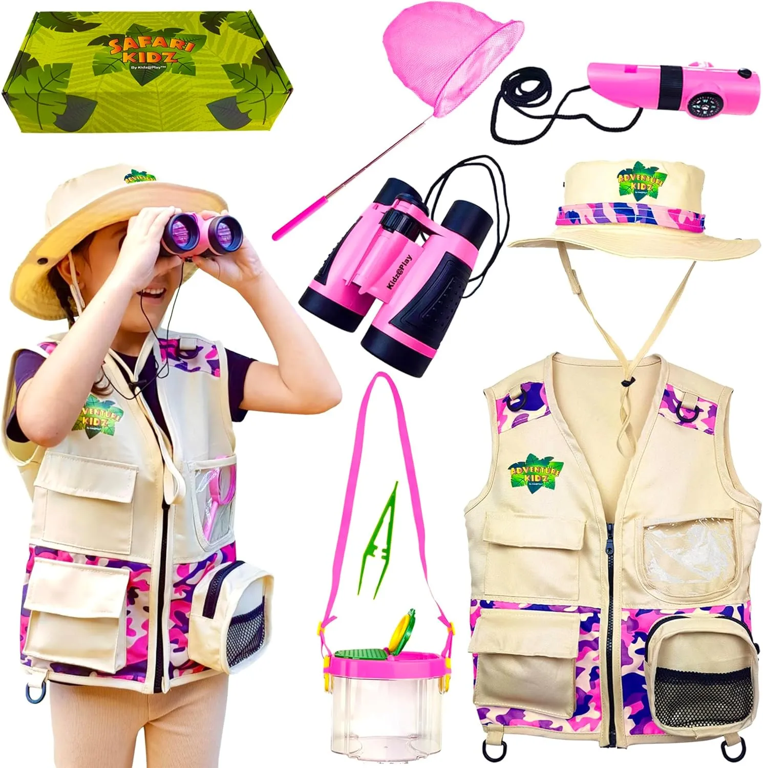 Bug Hunting Kit, Pink Vest, Hat, Binoculars, Lg. Net, Bug Container, Whistle, Flashlight, Magnifier, Thermostat, Compass, Tweezers