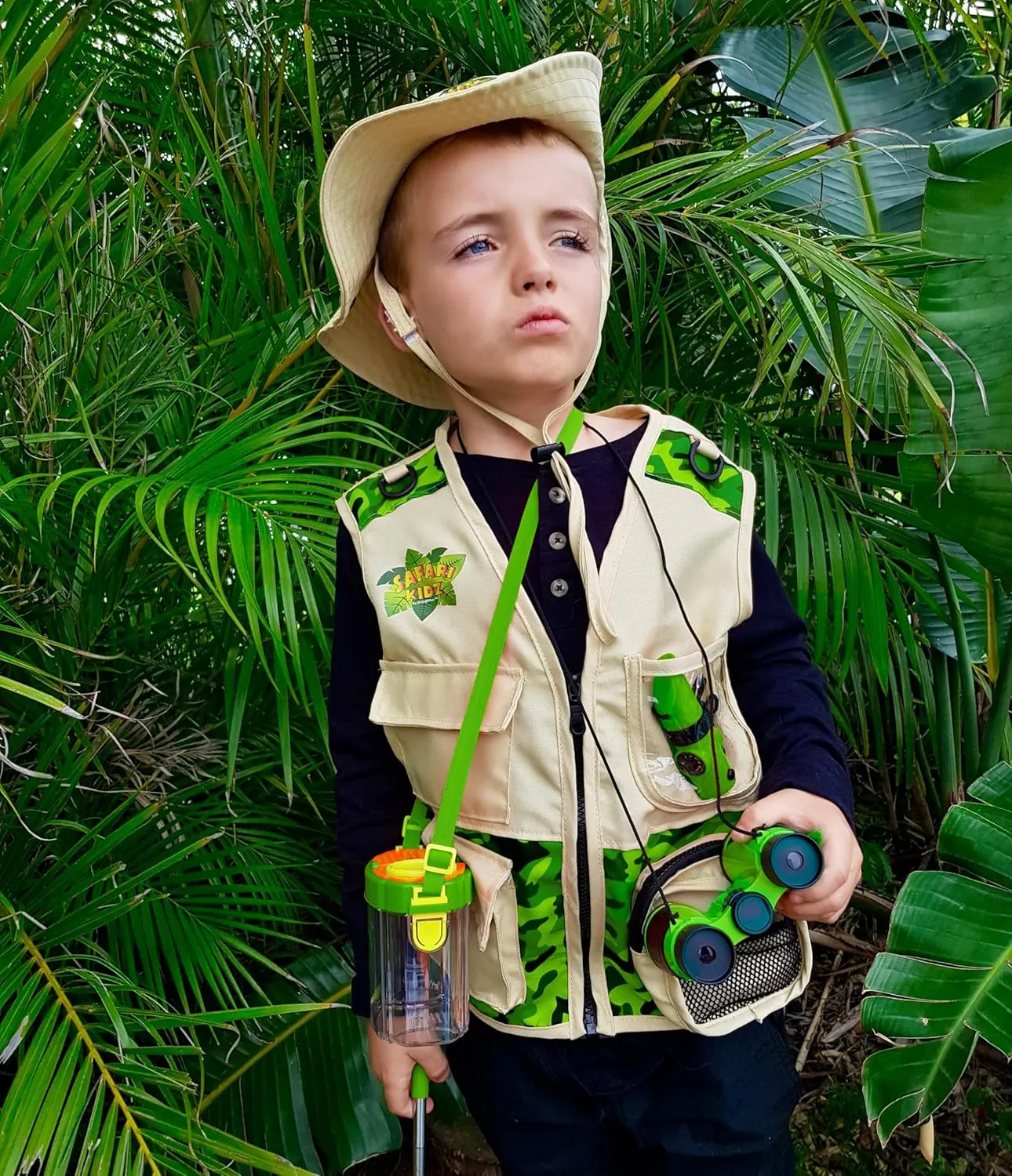 Bug Hunting Kit, Vest, Hat, Binoculars, Lg. Net, Bug Container, Whistle, Flashlight, Magnifier, Thermostat, Compass (Green)
