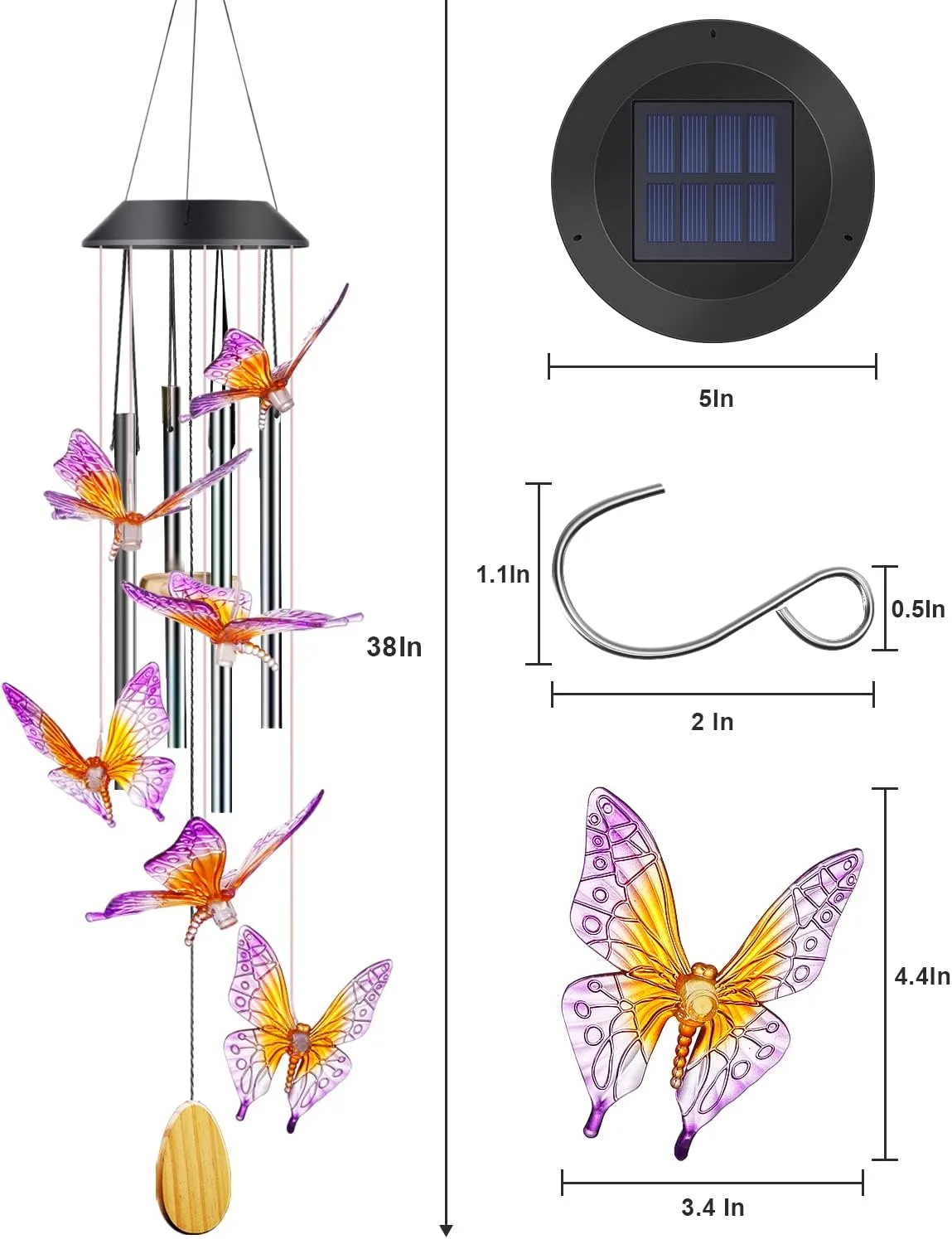 Butterfly Solar Wind Chimes with Aluminum Tubes - Color Changing Wind Chimes for Outside - Thanksgiving Gift