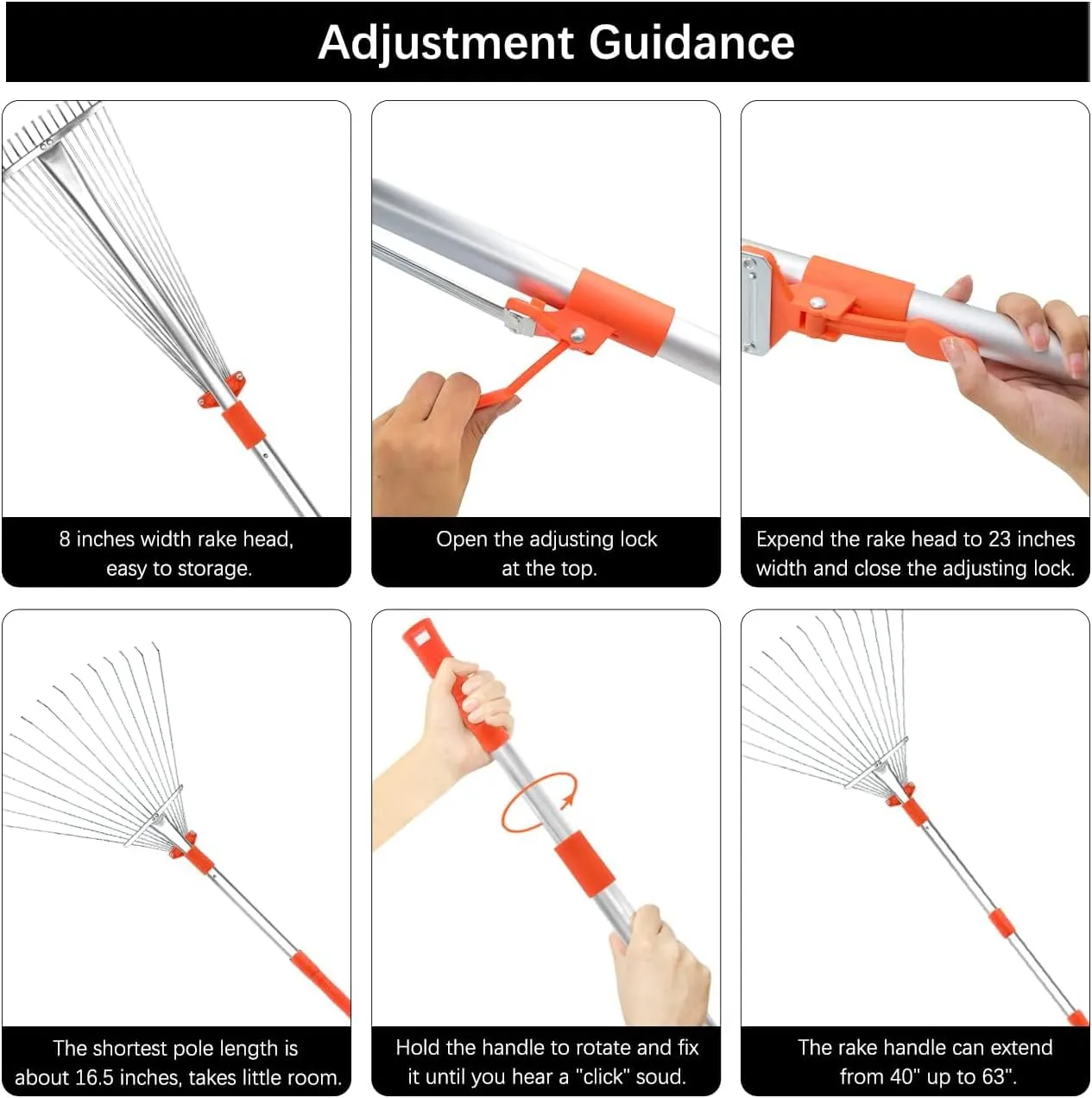 Buyplus Adjustable Garden Leaf Rake - 24 to 63 Inch Telescopic Metal Expandable Folding Leaves Rake for Lawn Yard, Flowers Beds, Orange