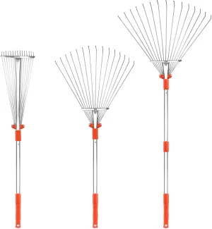 Buyplus Adjustable Garden Leaf Rake - 24 to 63 Inch Telescopic Metal Expandable Folding Leaves Rake for Lawn Yard, Flowers Beds, Orange