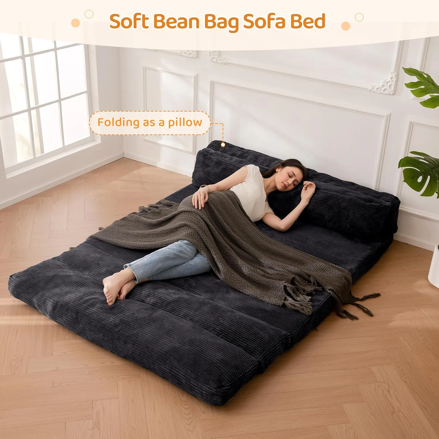 BYBYME Giant Bean Bag Chair & Bed – Foldable Bean Bag Couch for Adults with Removable Faux Fur Cover for Living Room, Bedroom