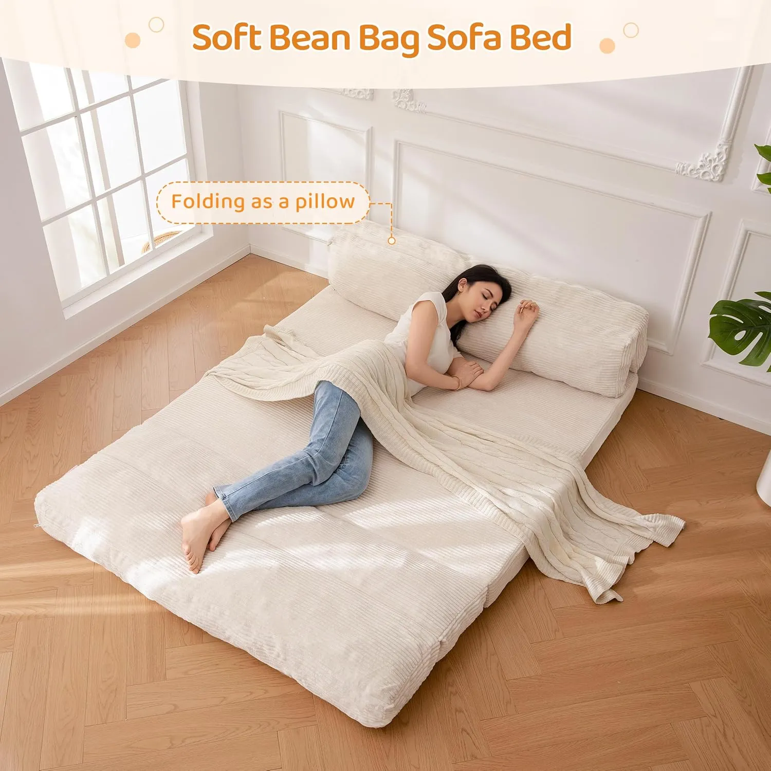 BYBYME Giant Bean Bag Chair & Bed – Foldable Bean Bag Couch for Adults with Removable Faux Fur Cover for Living Room, Bedroom
