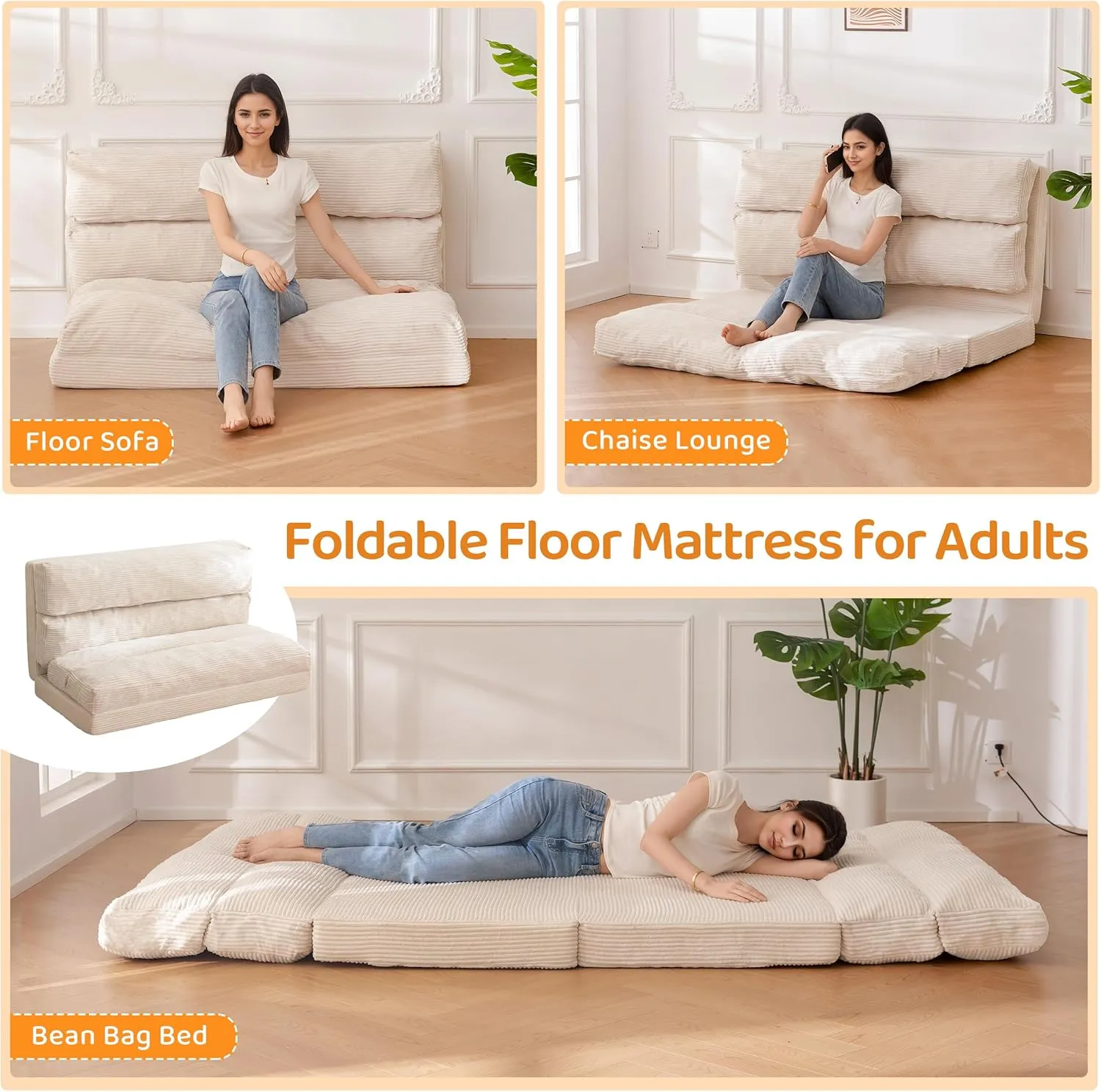 BYBYME Giant Bean Bag Chair & Bed – Foldable Bean Bag Couch for Adults with Removable Faux Fur Cover for Living Room, Bedroom