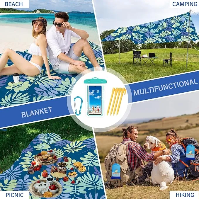 BYDOLL Beach Blanket Sandproof Waterproof Leaves 78''×81''1-4 Adults Compact Lightweight Oversized Beach Blanket Large Picnic Mat Blanket for Travel Camping Hiking Picnic