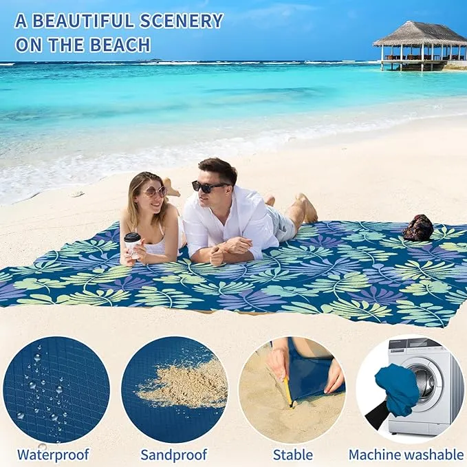 BYDOLL Beach Blanket Sandproof Waterproof Leaves 78''×81''1-4 Adults Compact Lightweight Oversized Beach Blanket Large Picnic Mat Blanket for Travel Camping Hiking Picnic