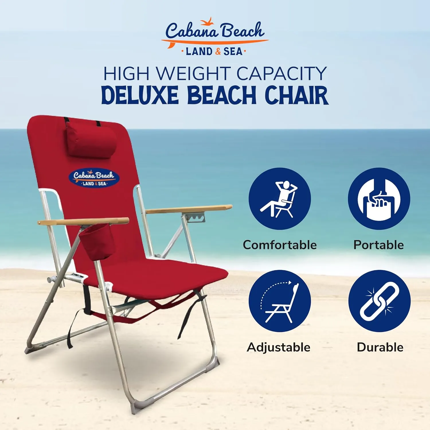 Cabana Beach Folding Beach Chair, 4 Position Portable Backpack Foldable Camping Accessories with Headrest, Cup Holder, and Wooden Armrests, Tango Red