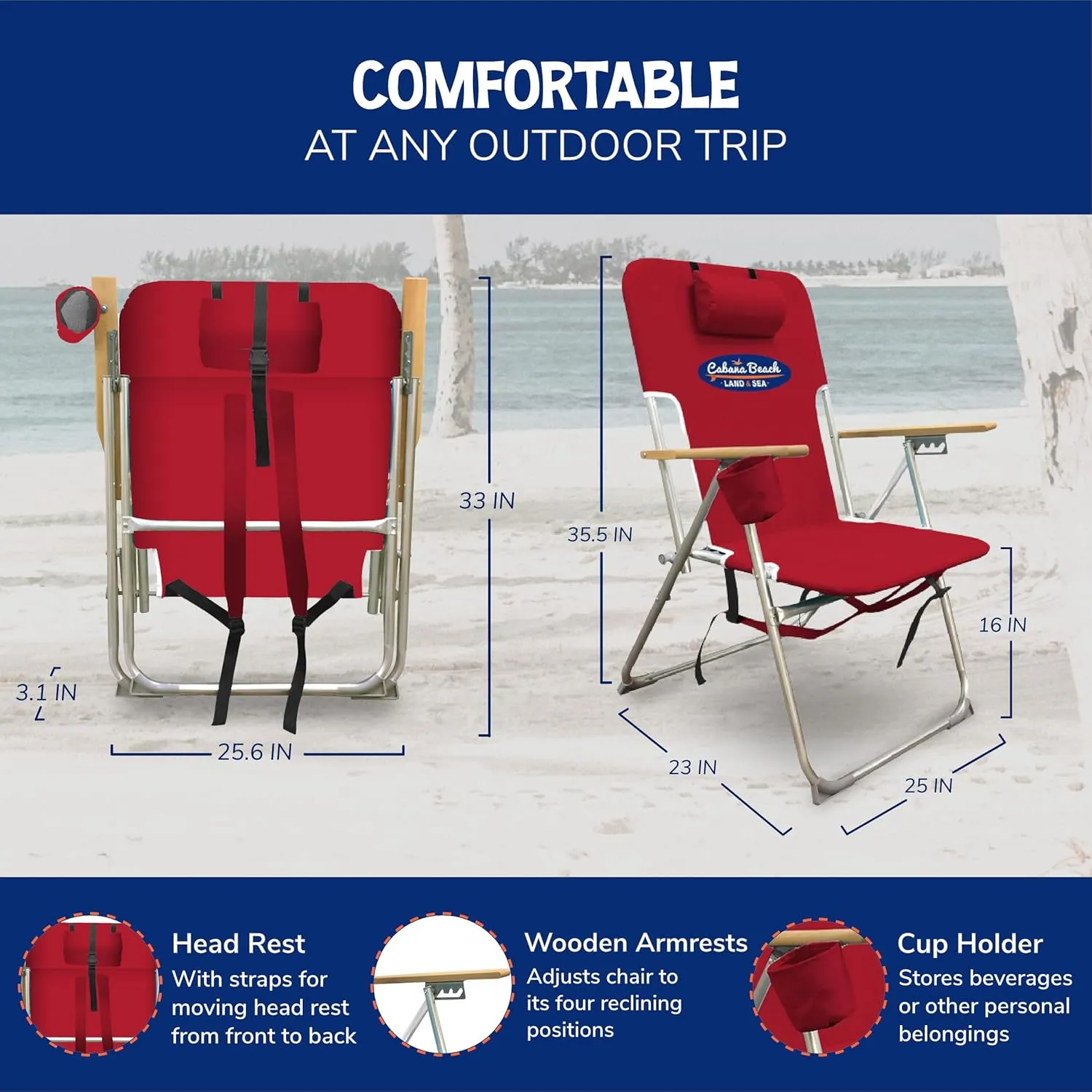 Cabana Beach Folding Beach Chair, 4 Position Portable Backpack Foldable Camping Accessories with Headrest, Cup Holder, and Wooden Armrests, Tango Red