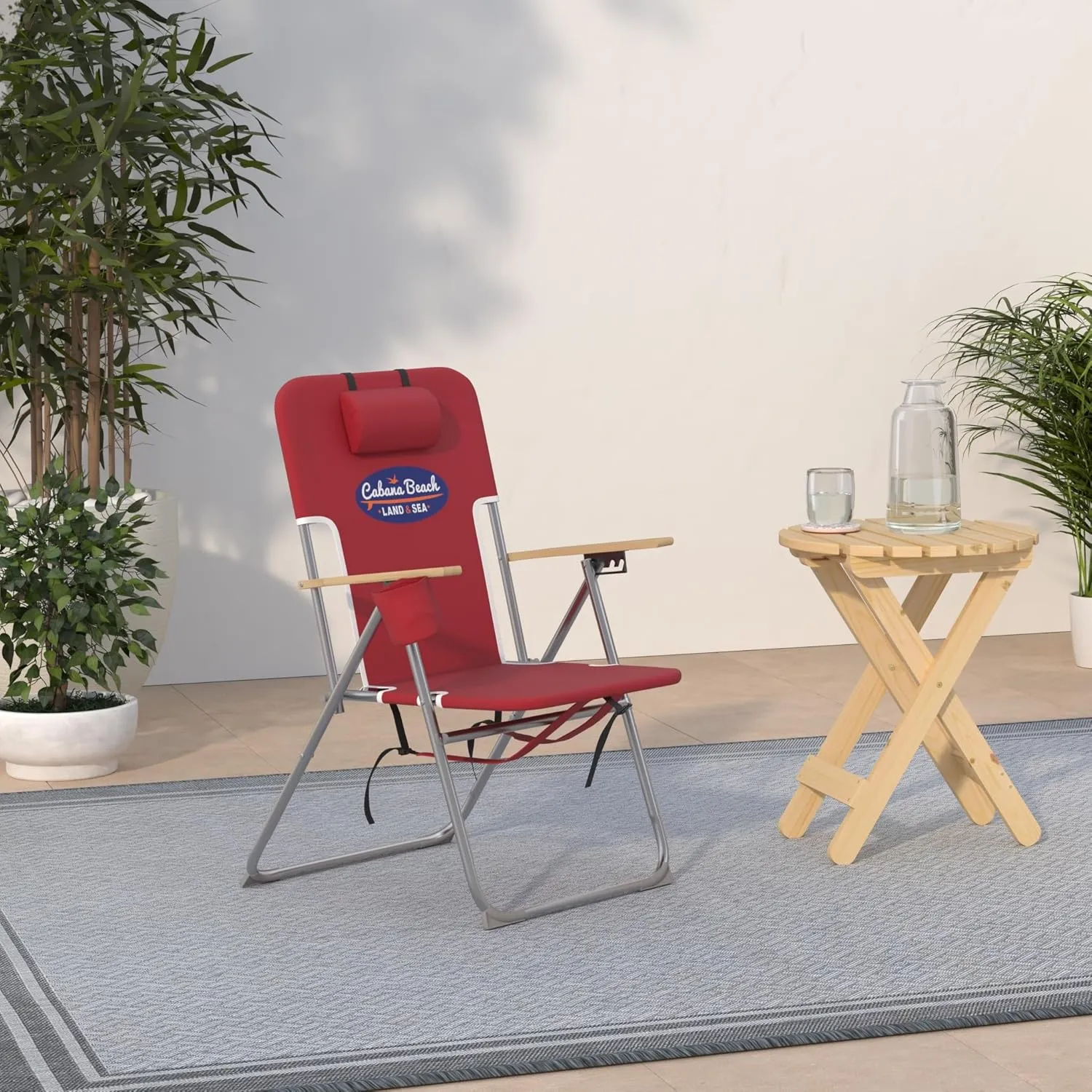 Cabana Beach Folding Beach Chair, 4 Position Portable Backpack Foldable Camping Accessories with Headrest, Cup Holder, and Wooden Armrests, Tango Red