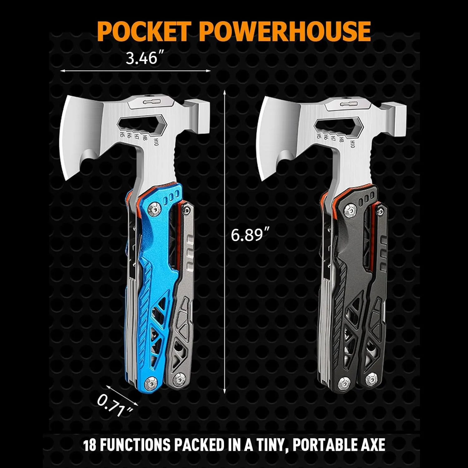 Camping Axe Multitool 17 IN 1, Foldable Camping Essentials Survival Gear Hatchet with Knife, Adjustable Wrench, Hammer, Screwdriver, Outdoor Multi Tool Stainless Steel Mens Gifts(Black)