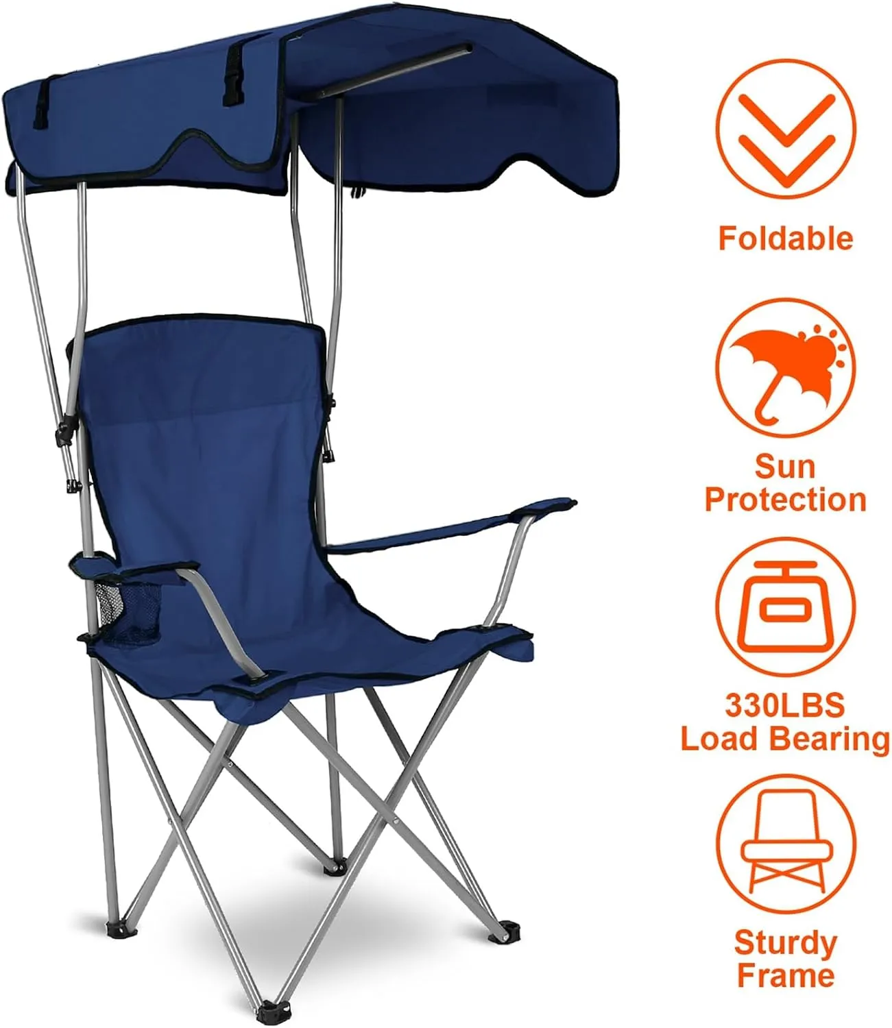 Camping Chair with Canopy, Outdoor Folding Chair with Adjustable Shade & Cup Holder, Heavy Duty Beach Chair for Adult Portable Camping Recliner Support 330 LBS