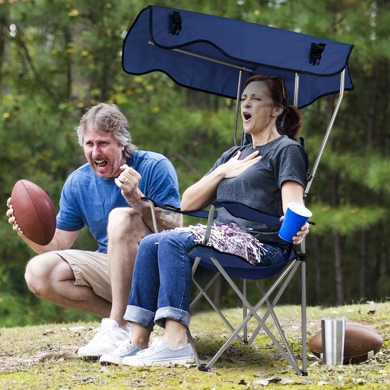 Camping Chair with Canopy, Outdoor Folding Chair with Adjustable Shade & Cup Holder, Heavy Duty Beach Chair for Adult Portable Camping Recliner Support 330 LBS