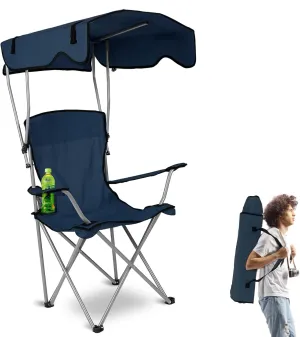 Camping Chair with Canopy, Outdoor Folding Chair with Adjustable Shade & Cup Holder, Heavy Duty Beach Chair for Adult Portable Camping Recliner Support 330 LBS