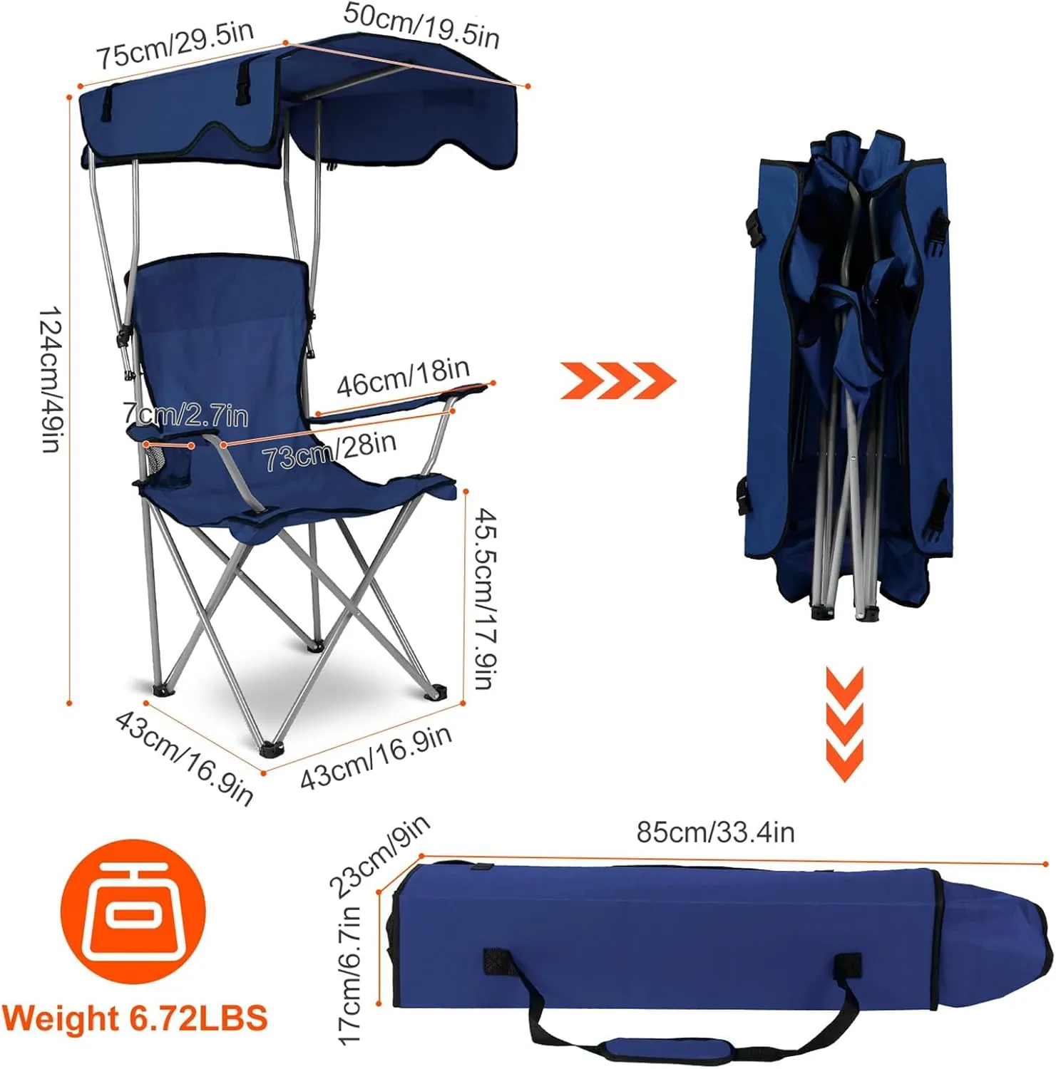 Camping Chair with Canopy, Outdoor Folding Chair with Adjustable Shade & Cup Holder, Heavy Duty Beach Chair for Adult Portable Camping Recliner Support 330 LBS