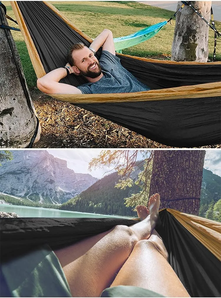 Camping Hammock Double & Single Portable Hammocks Ultralight Nylon Parachute Hammocks with 2 Tree Straps for Backpacking, Travel, Beach, Backyard, Camping, Hiking (Medium, Green Black)