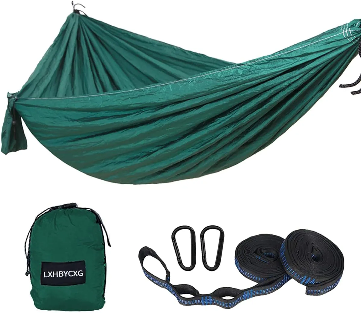 Camping Hammock Double & Single Portable Hammocks Ultralight Nylon Parachute Hammocks with 2 Tree Straps for Backpacking, Travel, Beach, Backyard, Camping, Hiking (Medium, Green Black)