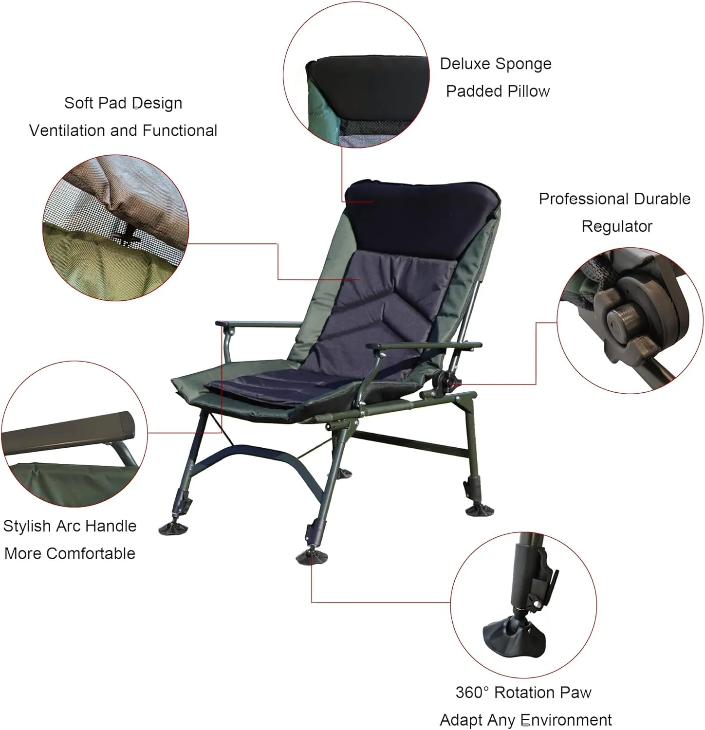 Camping Lounge Chair, Portable Folding Reclining Camping Chair with Adjustable backrest for Indoor and Outdoor Camping Beach Hiking Fishing，Green Black
