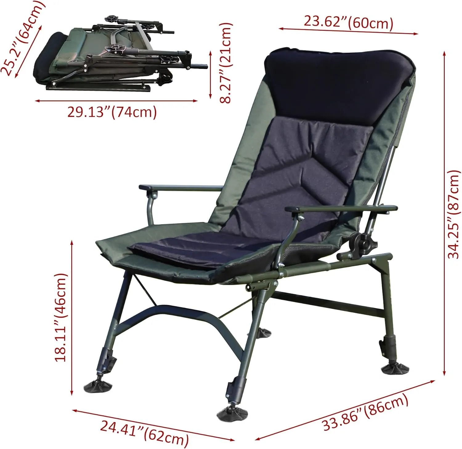 Camping Lounge Chair, Portable Folding Reclining Camping Chair with Adjustable backrest for Indoor and Outdoor Camping Beach Hiking Fishing，Green Black
