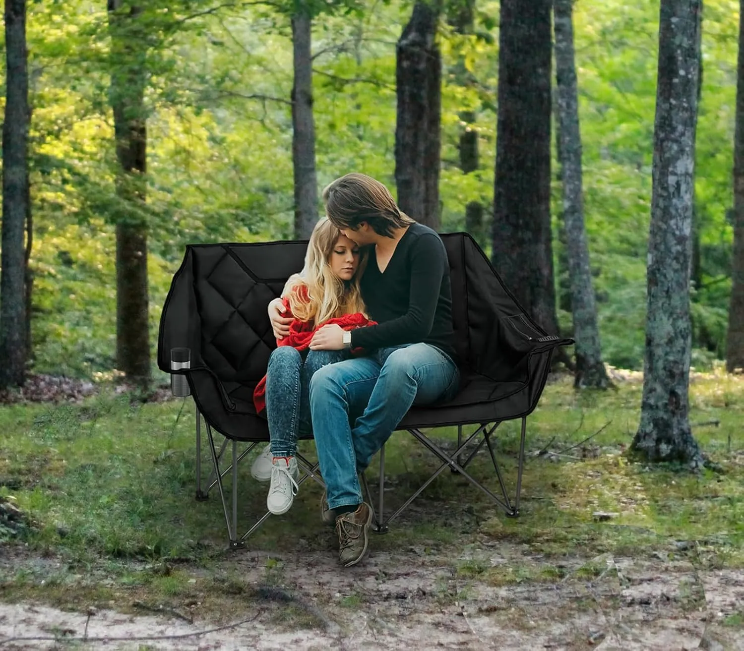 Camping Oversized Folding Chair, Fully Padded Loveseat for 2 Person Portable Double Chair Camp Beach Arm Chair with Cup Holder and Cooler Pouch Camping Couch with Carry Bag（A）
