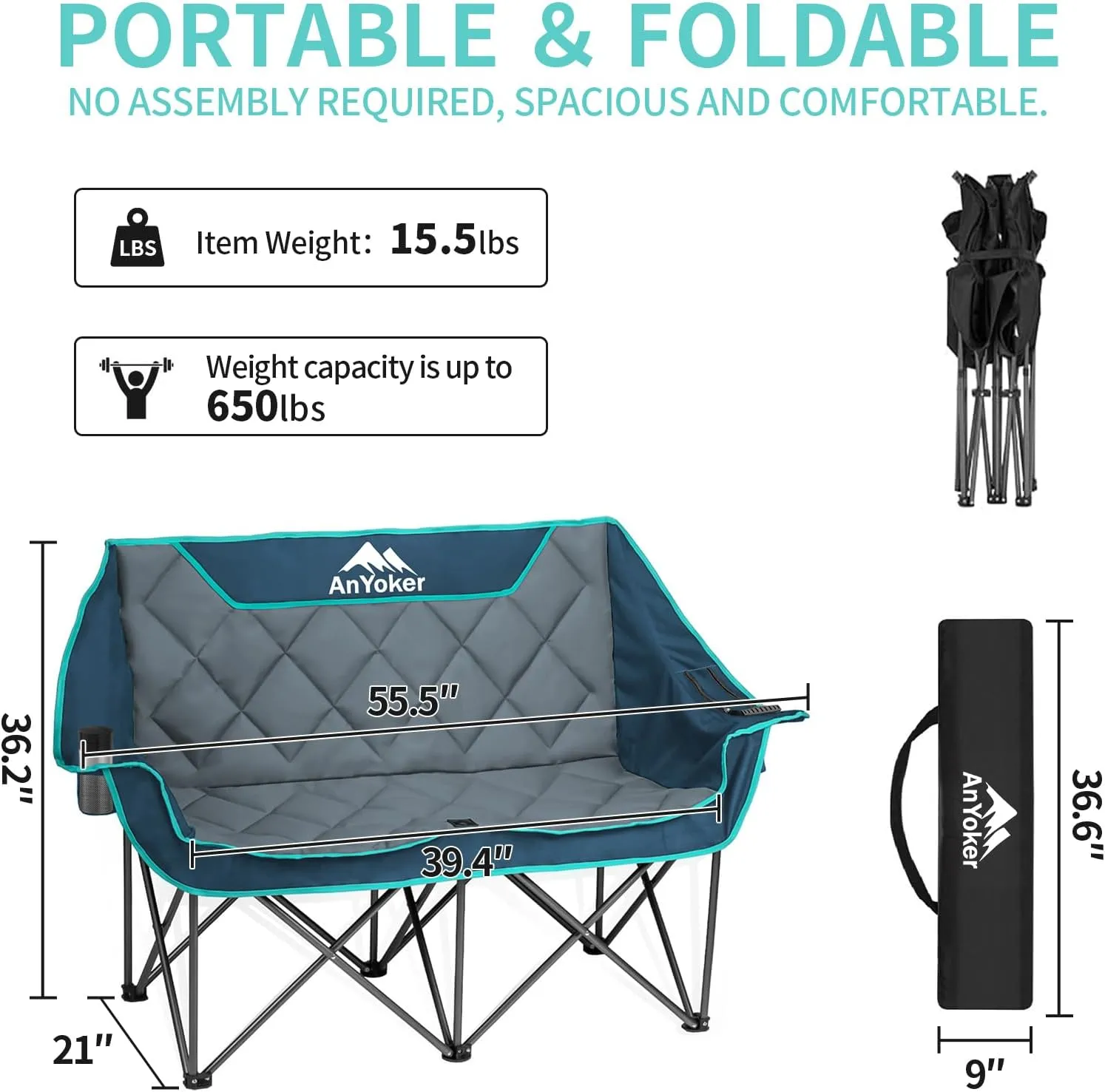 Camping Oversized Folding Chair, Fully Padded Loveseat for 2 Person Portable Double Chair Camp Beach Arm Chair with Cup Holder and Cooler Pouch Camping Couch with Carry Bag（A）