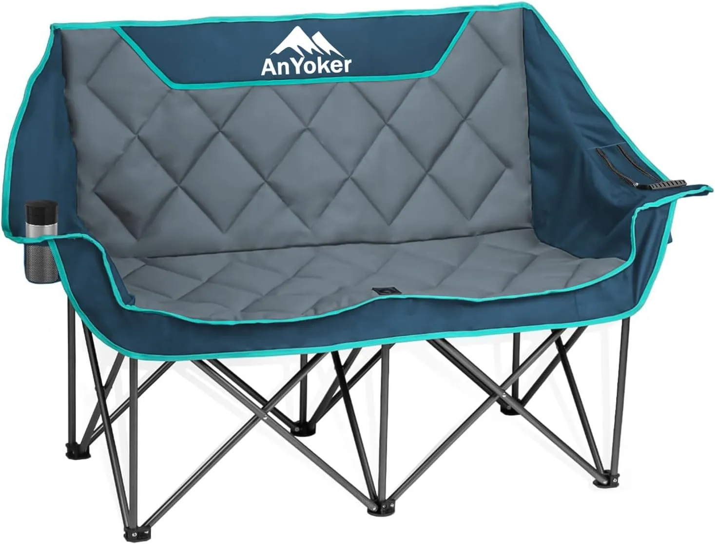 Camping Oversized Folding Chair, Fully Padded Loveseat for 2 Person Portable Double Chair Camp Beach Arm Chair with Cup Holder and Cooler Pouch Camping Couch with Carry Bag（A）