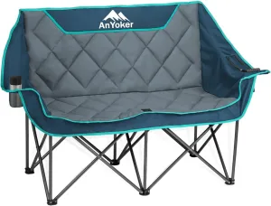 Camping Oversized Folding Chair, Fully Padded Loveseat for 2 Person Portable Double Chair Camp Beach Arm Chair with Cup Holder and Cooler Pouch Camping Couch with Carry Bag（A）