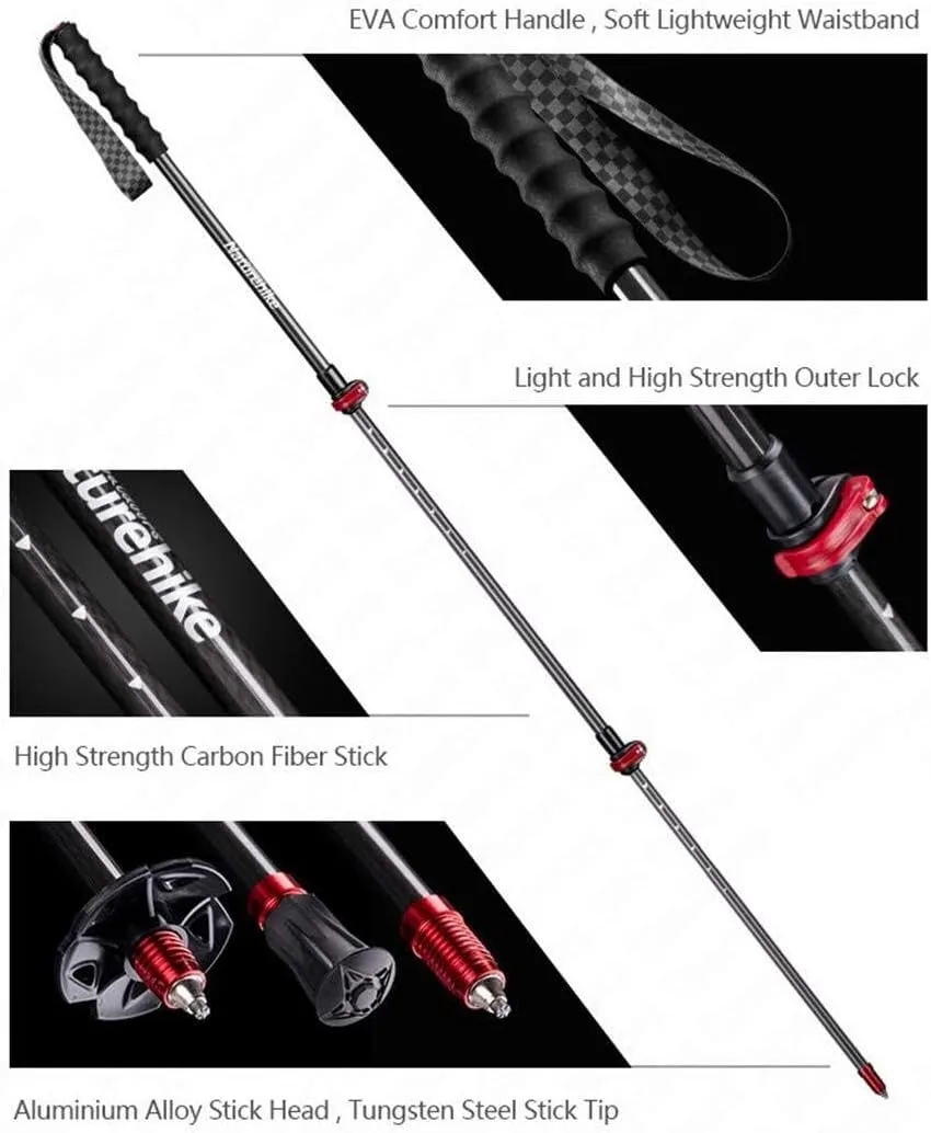 Carbon Fiber Trekking Poles – Ultralight Collapsible Hiking Walking Poles with Adjustable Quick Lock, Expandable to 51.1", Durable Tungsten Steel Tip – 1-Piece Pack (Red, 130cm)