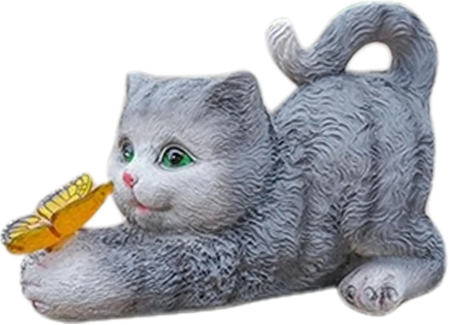 Cat Solar Lights Outdoor Garden with Solar Butterfly Light Simulation Cat Figurines, Resin Colourful Cat Garden Statue, For Yard Home Garden Patio, Grey Cat Figurines Solar Cat Garden Statue Cat Gard