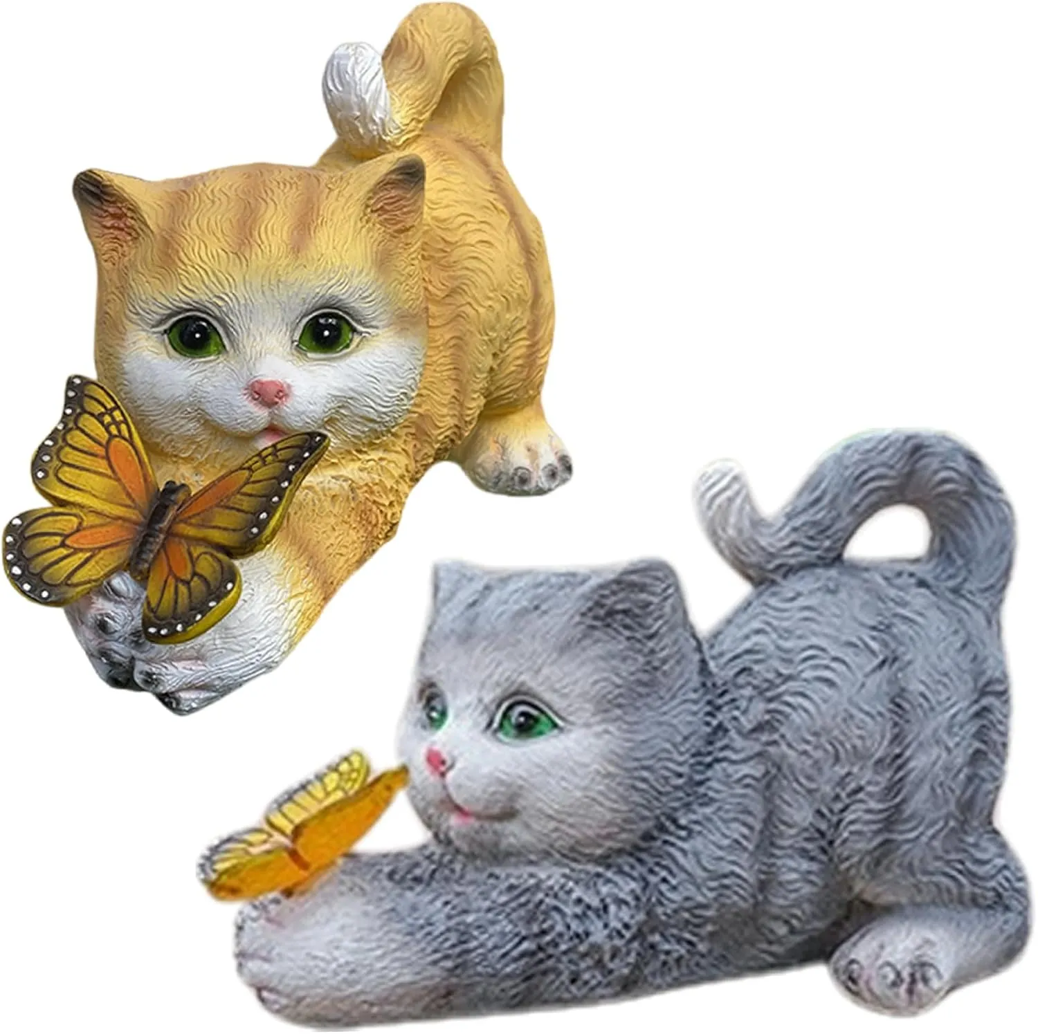 Cat Solar Lights Outdoor Garden with Solar Butterfly Light Simulation Cat Figurines, Resin Colourful Cat Garden Statue, For Yard Home Garden Patio, Grey Cat Figurines Solar Cat Garden Statue Cat Gard