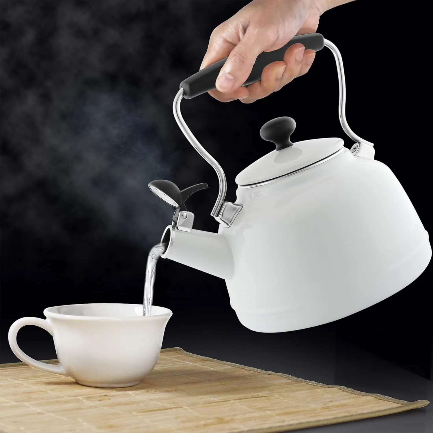 Chantal Tea Kettle, 1.7 QT, Vintage Series, Premium Enamel on Carbon Steel, Whistling, Even Heating & Quick Boil (White)