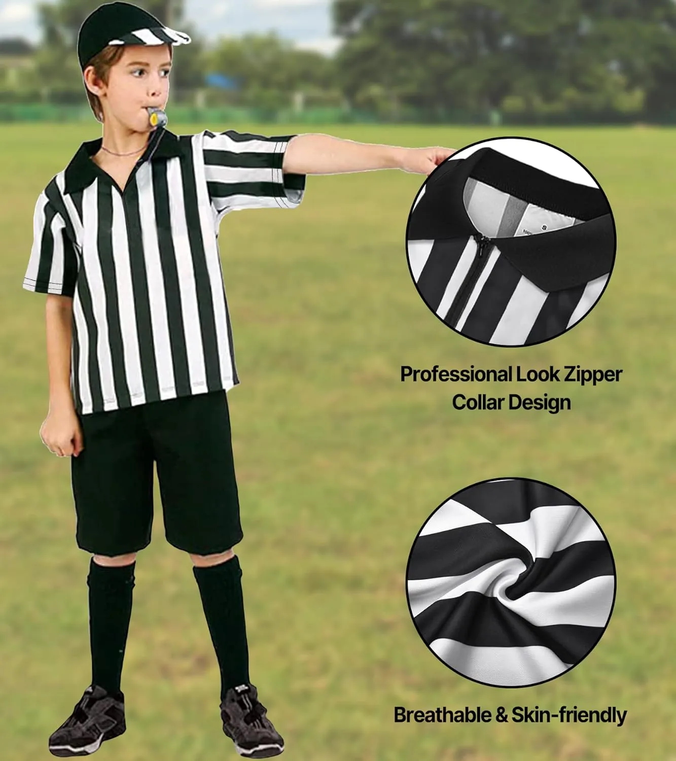 ChinFun 3 Pcs Kids Referee Shirt Costume Child Umpire Jersey Stripe, Yellow Penalty Flag and Stainless Steel Whistle