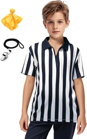 ChinFun 3 Pcs Kids Referee Shirt Costume Child Umpire Jersey Stripe, Yellow Penalty Flag and Stainless Steel Whistle