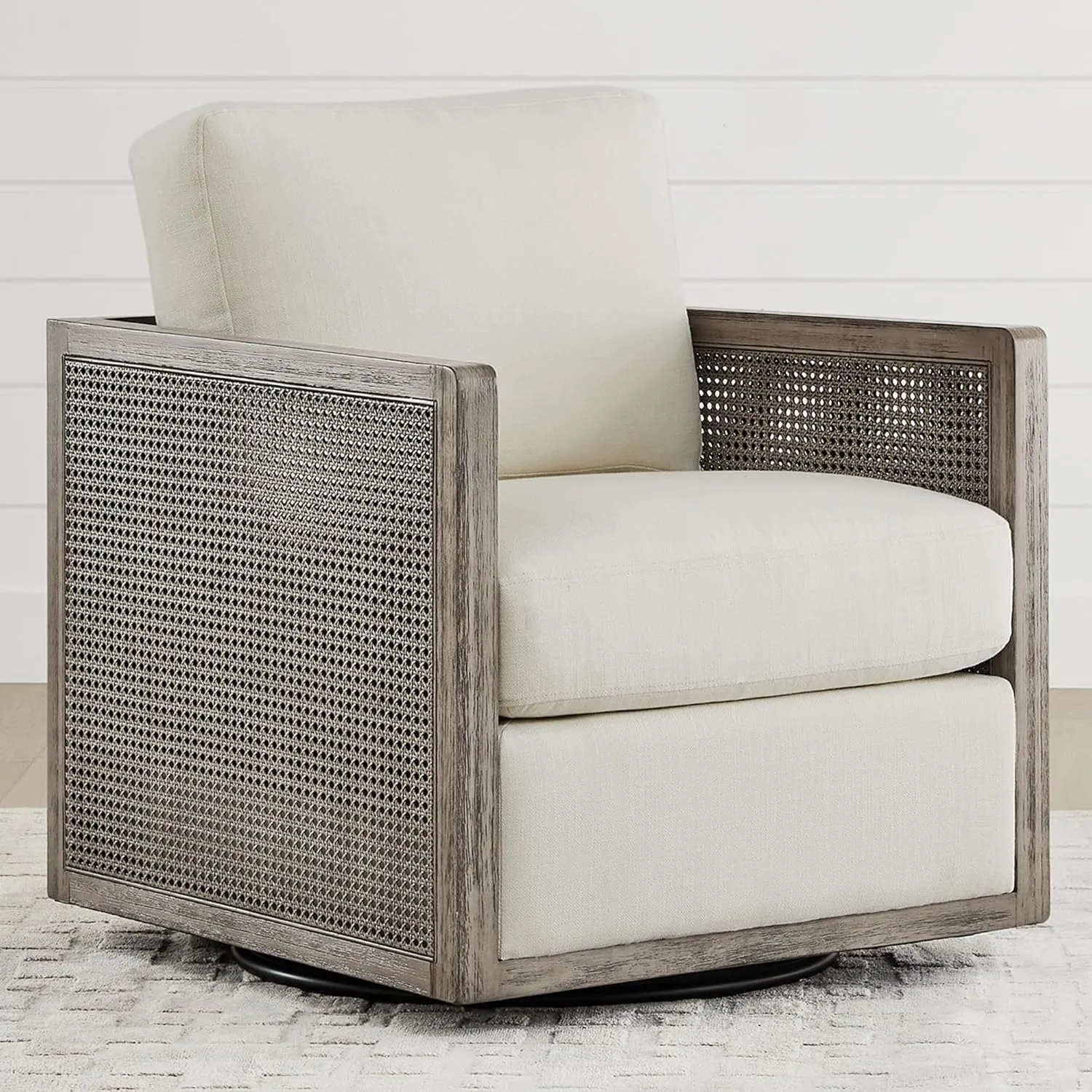 CHITA Swivel Accent Chair, Rattan Arm Chair for Living Room and Bedroom, Fully Assembled, Cream Fabric with Grey Frame