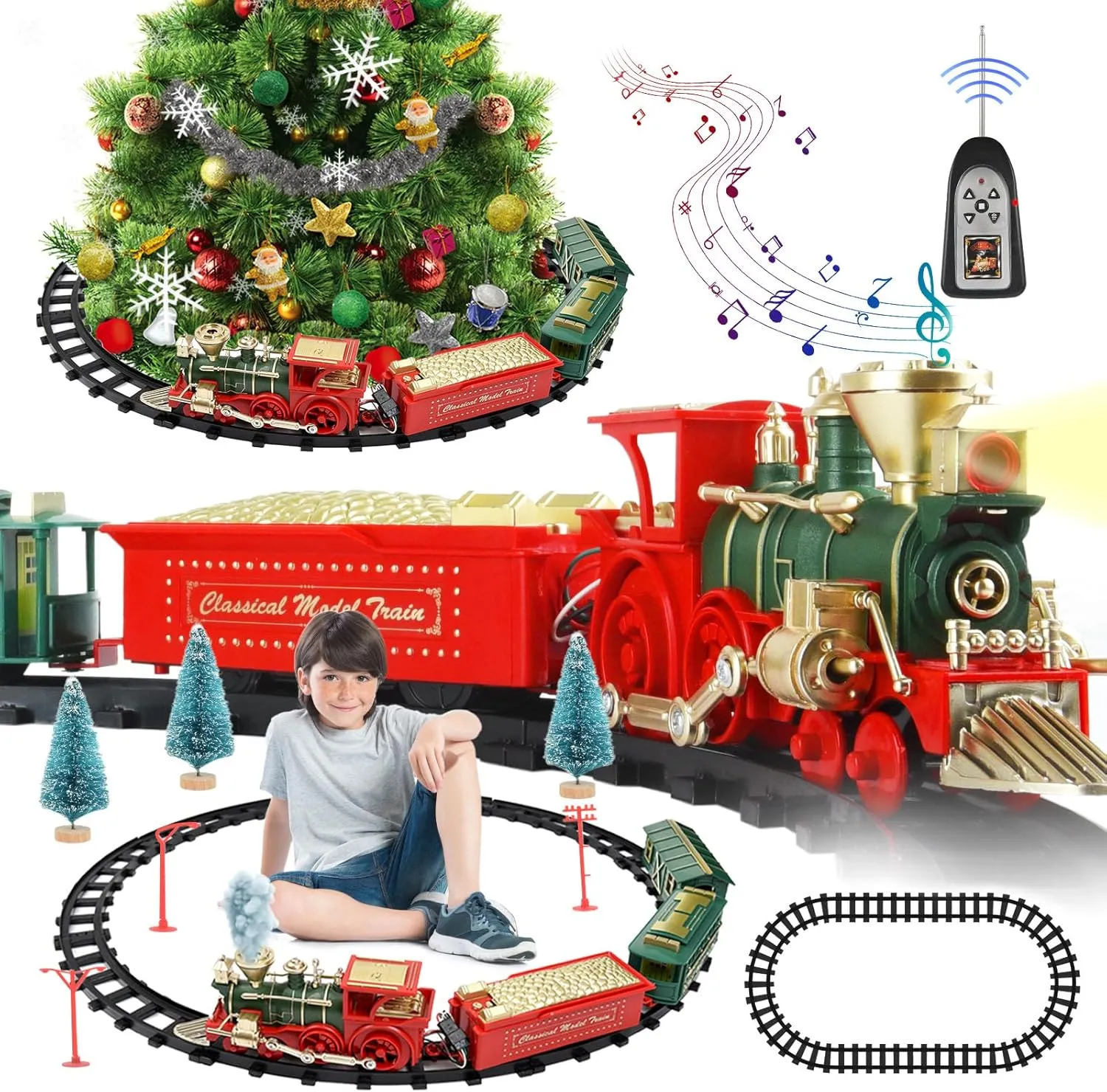 Christmas Train Set, Christmas Train Sets for Under The Tree, Remote Control Train with Sounds and Light, Cargo Car and Tracks, Electric Train Toy Gift Toys