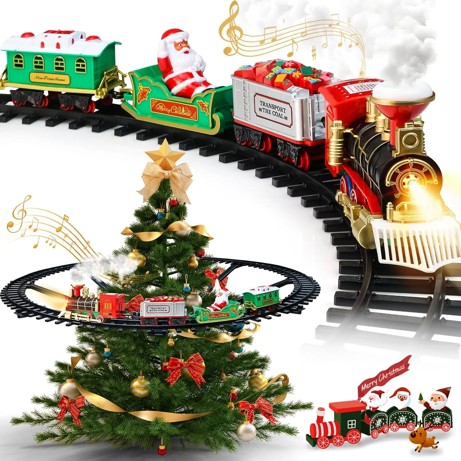 Christmas Train Set - Hanging Train Toys Around Under The Christmas Tree w/Smoke, Whistle (Turn on/Off) & Lights, Toys Decoration for 3 4 5 6 7 8  Boys Girls
