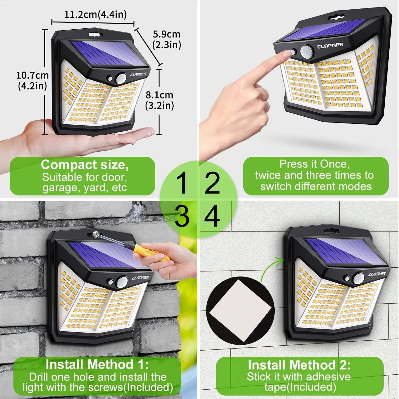 CLAONER Solar Lights Outdoor, [128 LED/4 Packs] Solar Motion Sensor Lights 3 Working Modes Outdoor Lights with 270° Wide Angle Wireless IP65 Waterproof Solar Security Light for Fence Patio, Warm White