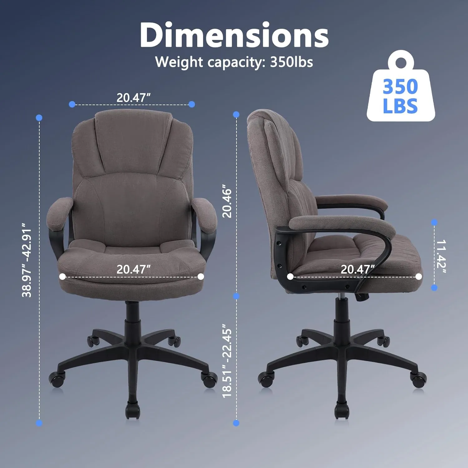 CLATINA Brown Cloth Office Chair Fabric Covered Desk Chair, Adjustable Height Swivel Chairs Ergonomic Executive Chair with Arms and Wheels Comfortable Upholstered, 350 LBS