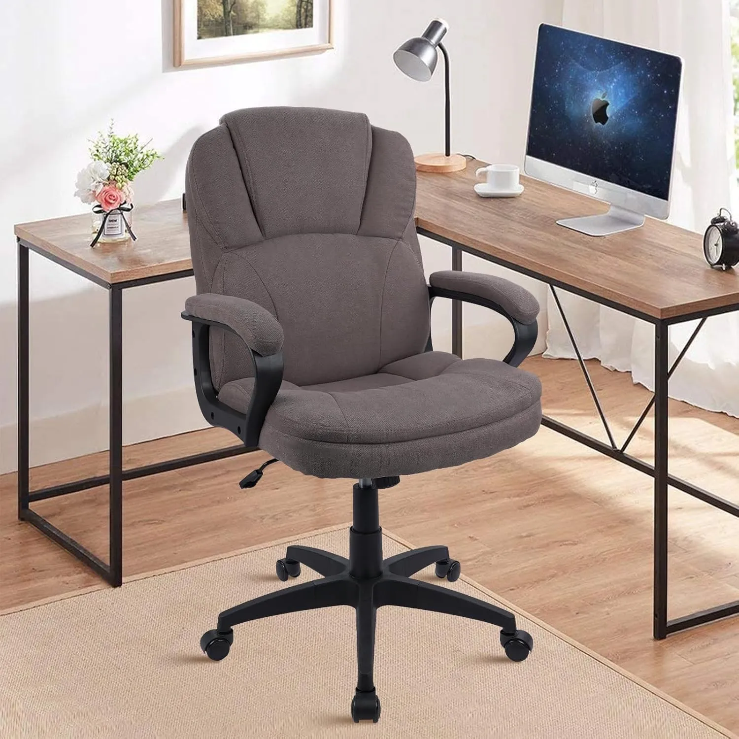 CLATINA Brown Cloth Office Chair Fabric Covered Desk Chair, Adjustable Height Swivel Chairs Ergonomic Executive Chair with Arms and Wheels Comfortable Upholstered, 350 LBS