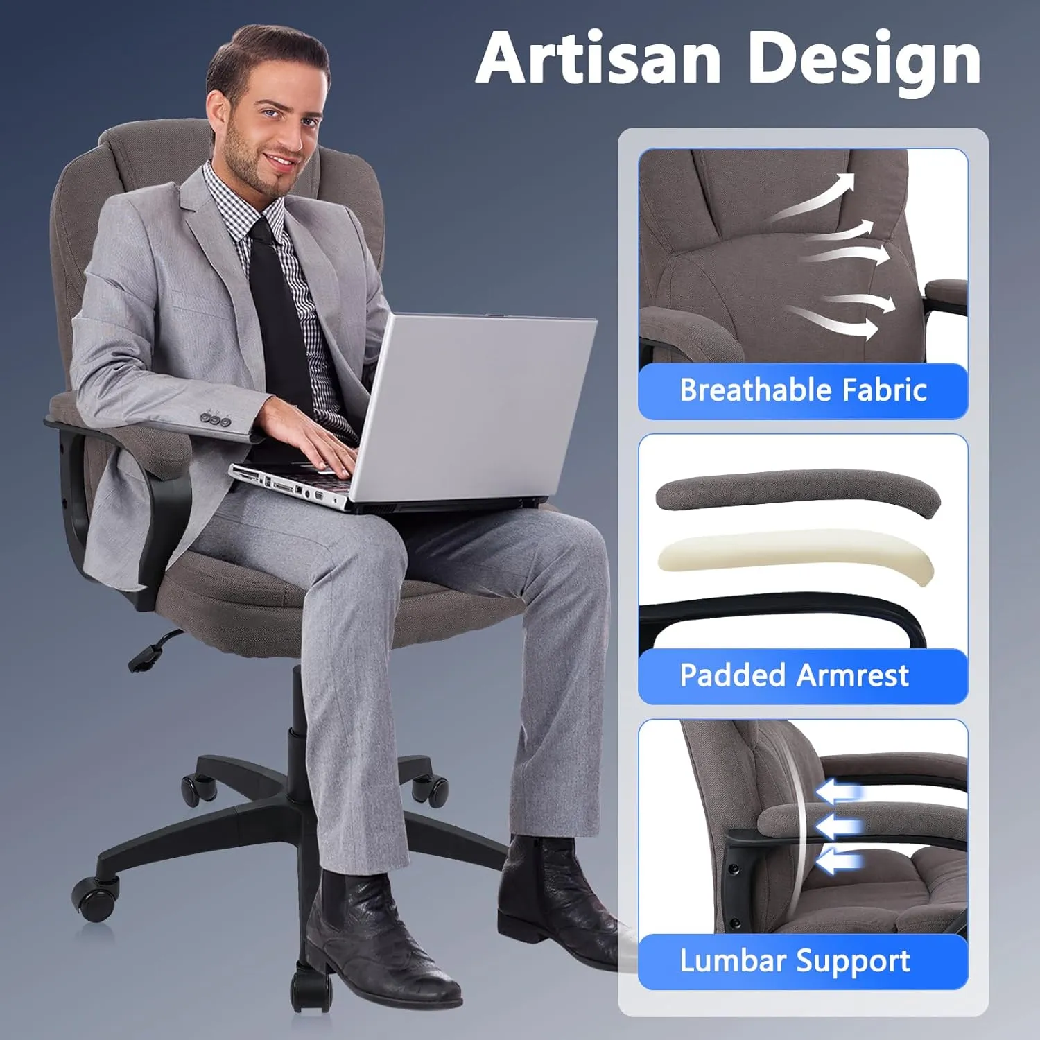 CLATINA Brown Cloth Office Chair Fabric Covered Desk Chair, Adjustable Height Swivel Chairs Ergonomic Executive Chair with Arms and Wheels Comfortable Upholstered, 350 LBS