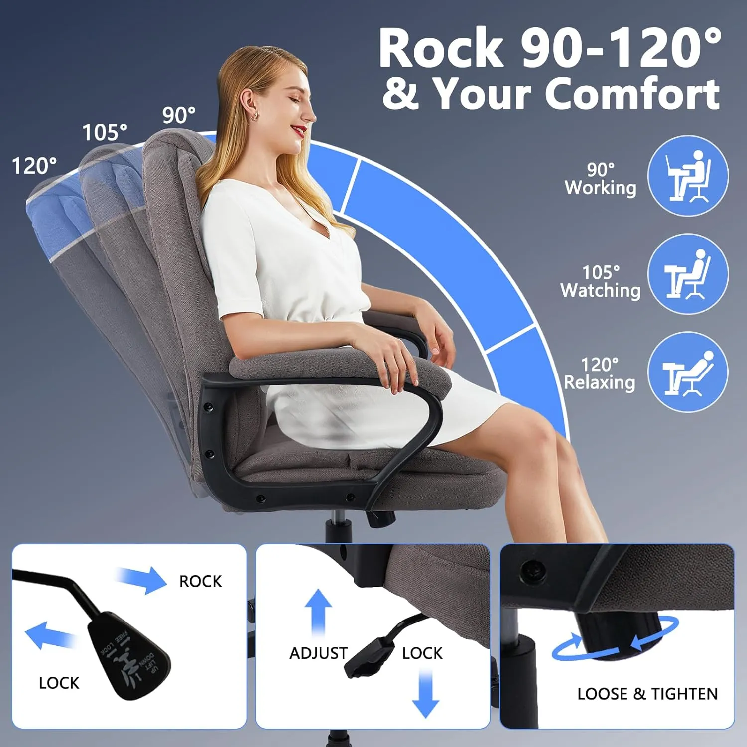 CLATINA Brown Cloth Office Chair Fabric Covered Desk Chair, Adjustable Height Swivel Chairs Ergonomic Executive Chair with Arms and Wheels Comfortable Upholstered, 350 LBS