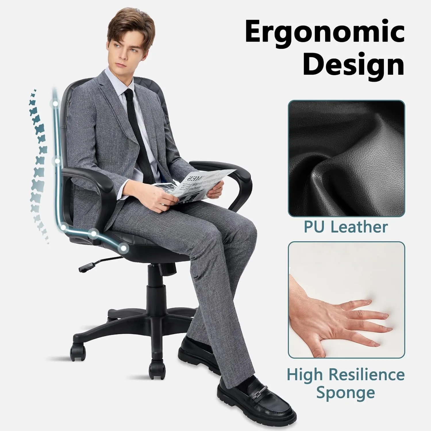 CLATINA Office Chair - Mid Back Leather Computer Desk Chairs with Wheels, Ergonomic Executive Swivel Stool with Lumbar Support, Armrest for Home Office, Black