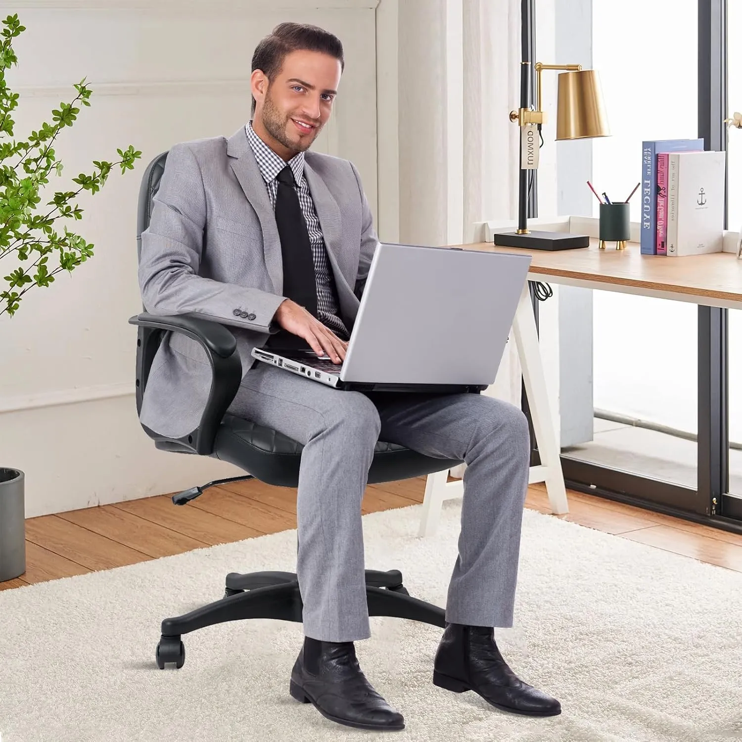 CLATINA Office Chair - Mid Back Leather Computer Desk Chairs with Wheels, Ergonomic Executive Swivel Stool with Lumbar Support, Armrest for Home Office, Black